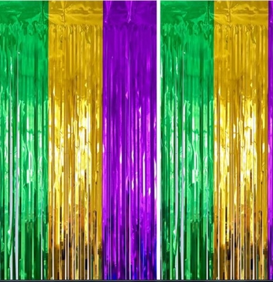 Pared de fondo de la fiesta, fiesta de cumpleaños púrpura, oro y verde cortina de lluvia de costura de tres colores
