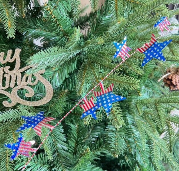 Gran estrella de cinco puntas decoración de la bandera estadounidense corona de árbol de Navidad ornamento, alambre corona de vacaciones bastón